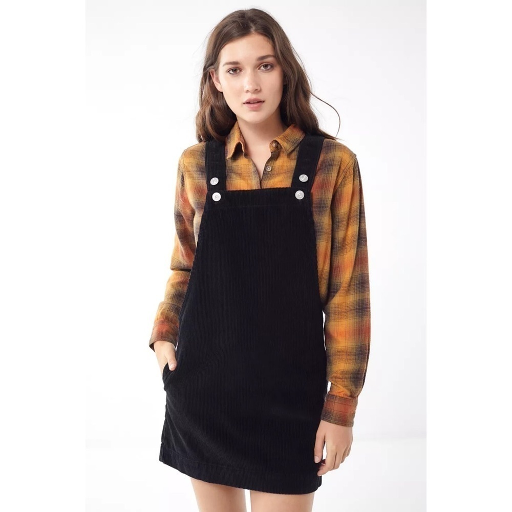 Urban Outfitters Black Corduroy Pinafore Dress with Yellow Plaid Shirt